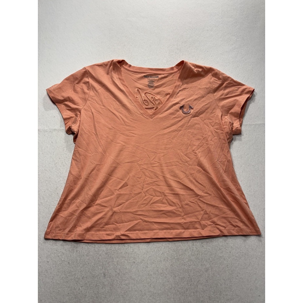 True Religion Shirt Womens 3XL Orange V Neck Glitter Logo Graphic Tee Script